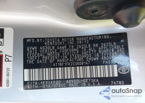 2012 Toyota Camry Se z USA, uszkodzony, nr VIN 4T1BF1FK2CU608147